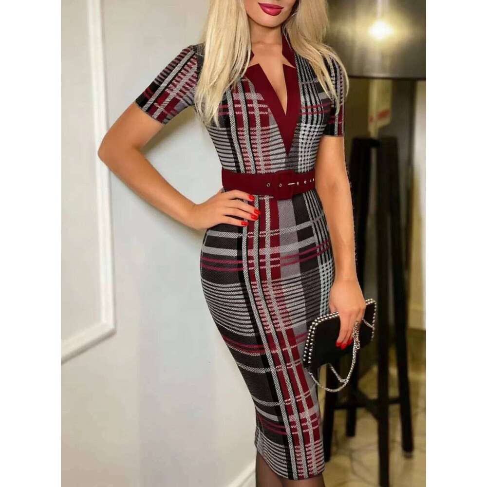 High End Geometric Pattern Midi Dress, MAKOUFEI Women Long Sleeve V Neck Knit Pencil Dress, Belted Bodycon, Elegant All Season Lady Wear MAKOUFEI