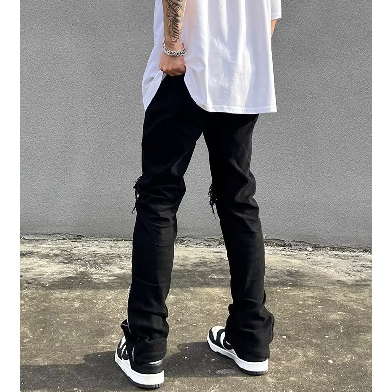 Men's American Streetwear Vibe Black Jeans, Zipper Split & Distressed Design, Ins Trendy Brand Straight-Leg Slightly Flared Pants