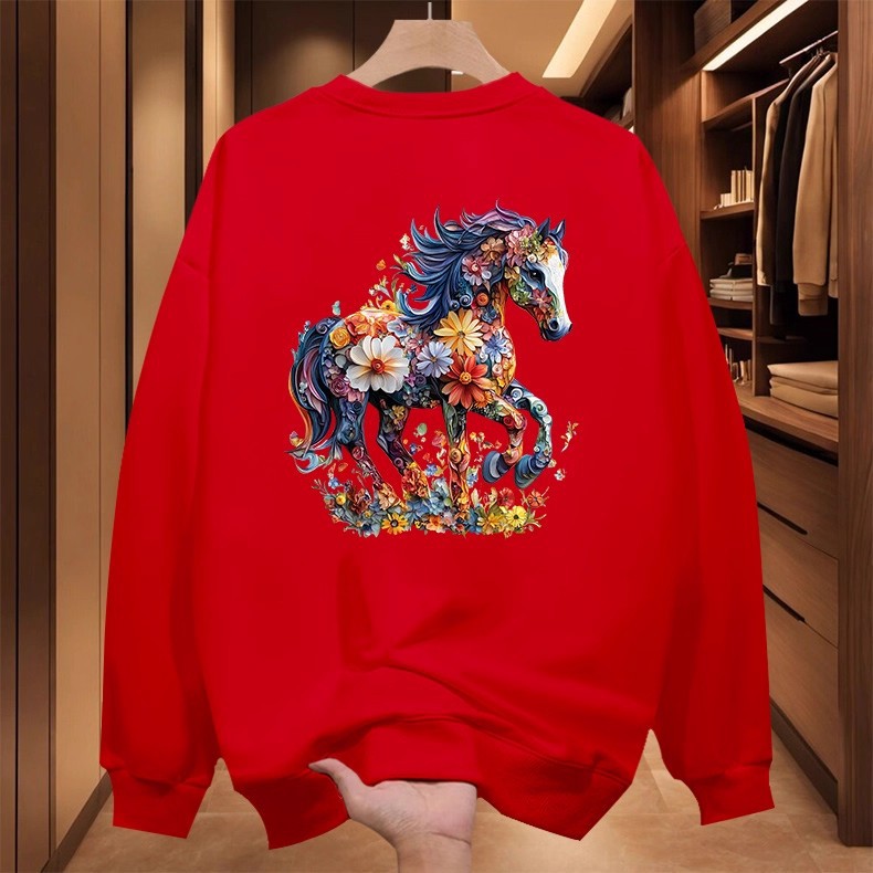 2026 Autumn Winter New Year Style Sweatshirt, Floral Horse Print, Streetwear Casual, Versatile Popular Crew Neck Sweatshirt, Unisex for Men and Women