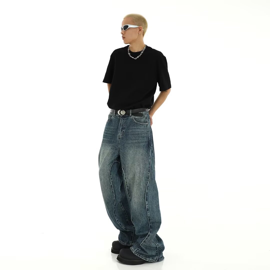 2026 Trending Men's Washed Blue Wide-Leg Loose Jeans, Niche Curved Design & Paneled, Streetwear Brand, Cross-Border Hot Pick