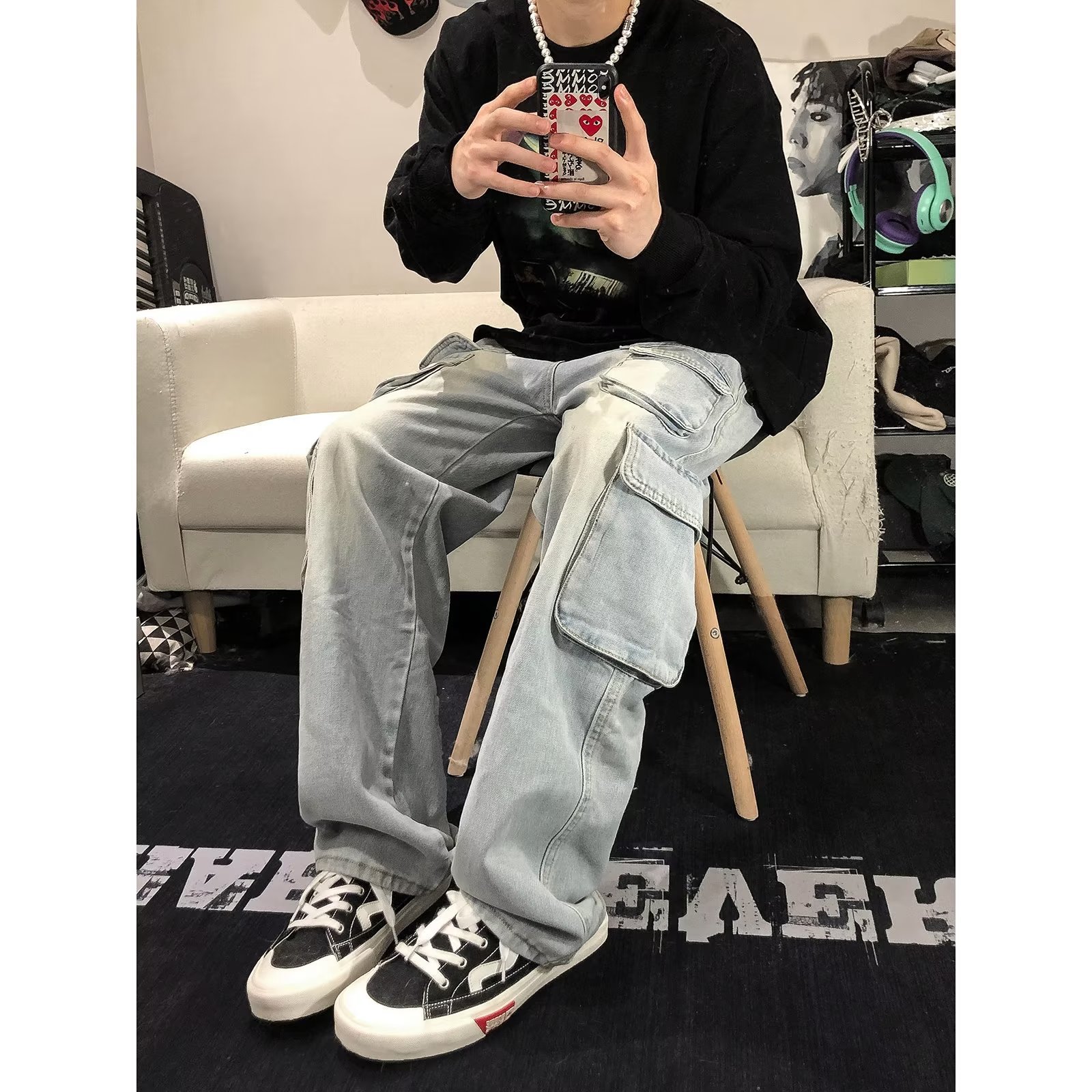 Men's Multi-Pocket Cargo Jeans, Spring & Fall Style, Straight-Leg Loose Fit, Trendy Design Wide-Leg Streetwear Casual Pants