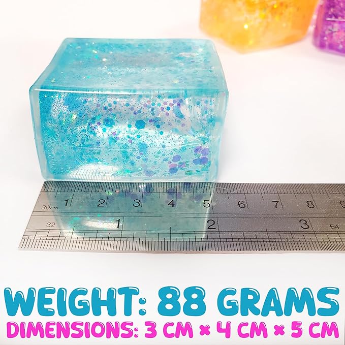 Maltose Glitter Cube Squeeze Squishy Toy, 5cm Slow Rise Stretchy Gel Stress Relief Fidget Toy with gift box for Stress Relief Party Favors