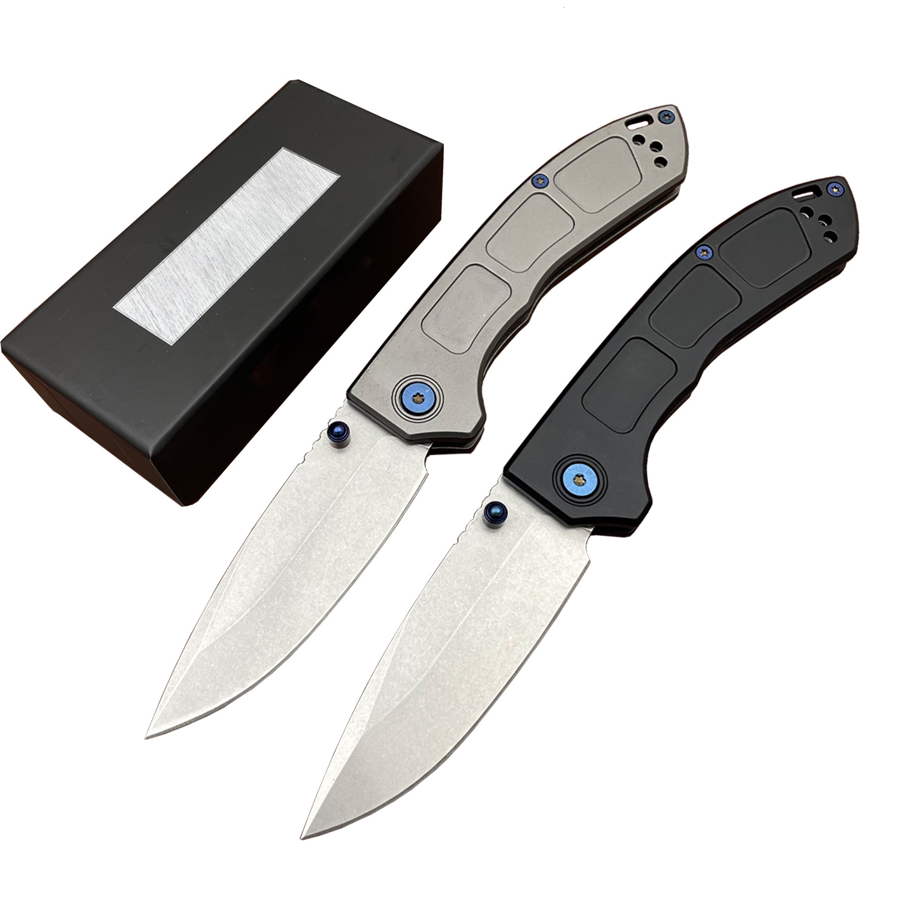 Tactical BM 748 Narrows Folding Knife 3.43" M390 Satin Blue Accents Outdoor EDC Tool Drop Point Blade Gray Titanium Handles
