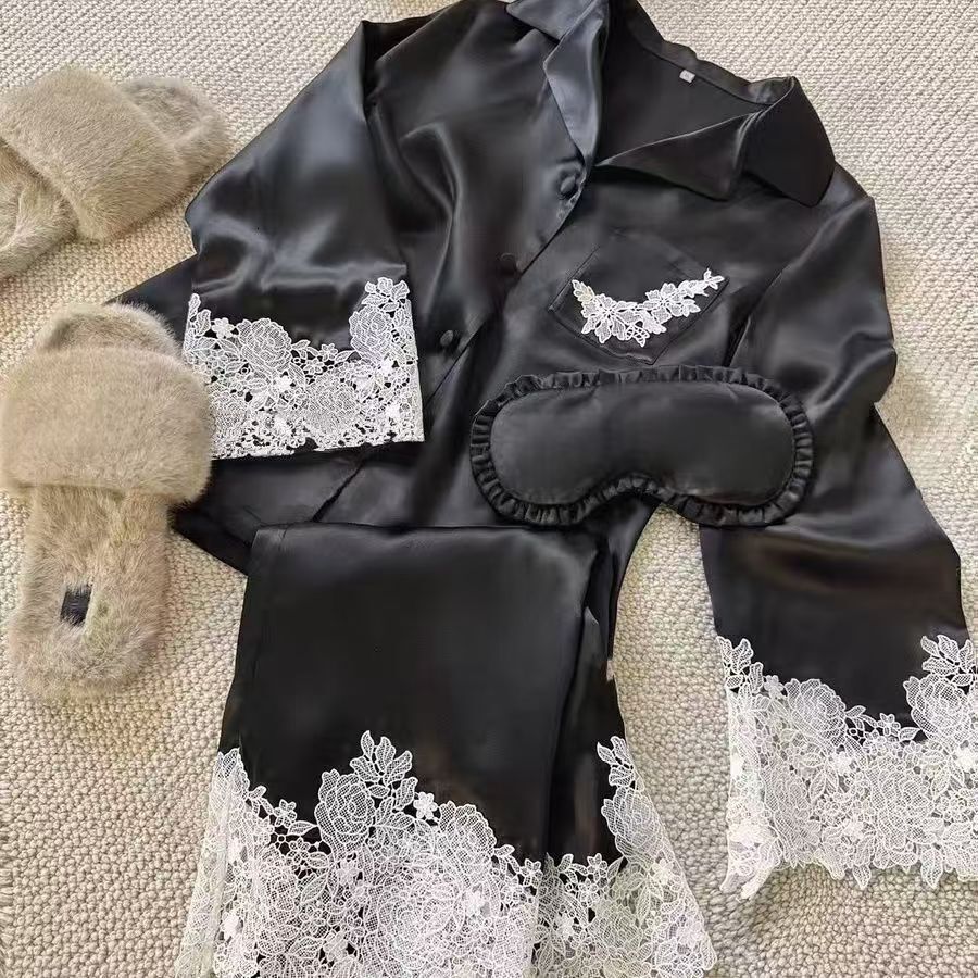 Luxury Brand Designer Spring Summer Women Satin Sleepwear Set Long Sleeve Lace Trimmed Pajama with Long Pants Sweet and Elegant Homewear for Girls