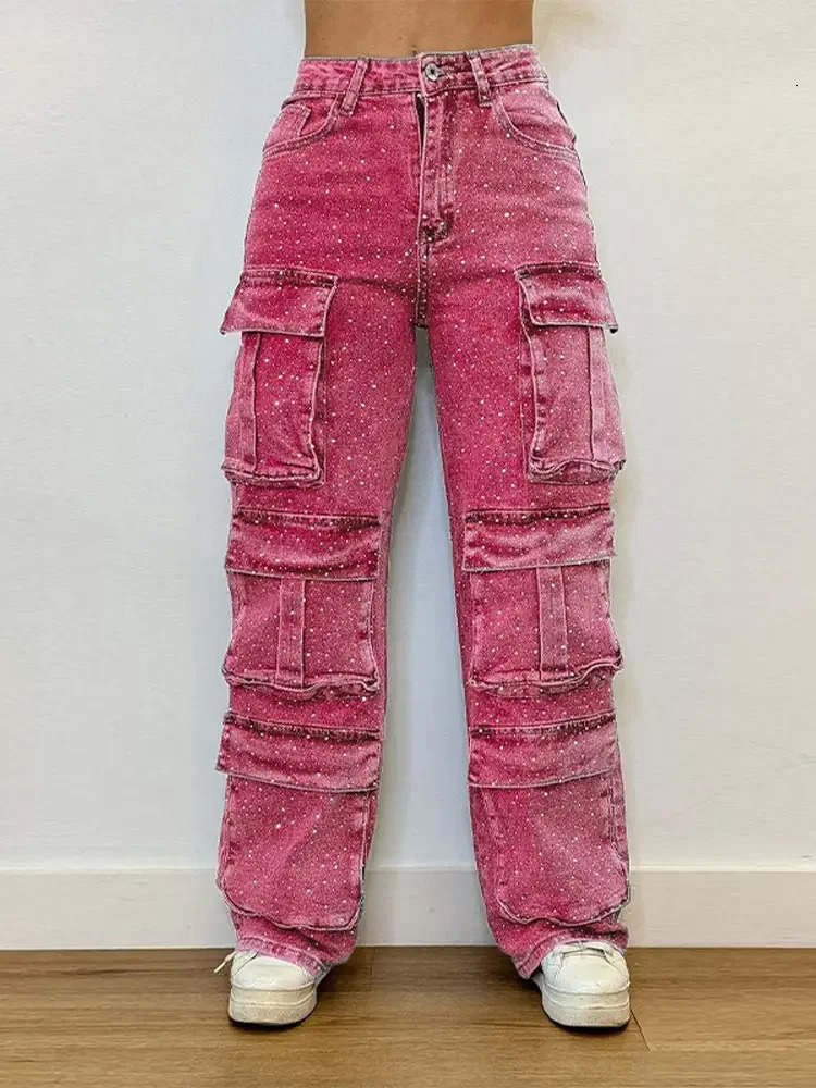Womens High Waist Cargo Denim Jeans with Full Rhinestones Sparkling Casual Baggy Pants Streetwear Chic Daily Trousers 260423