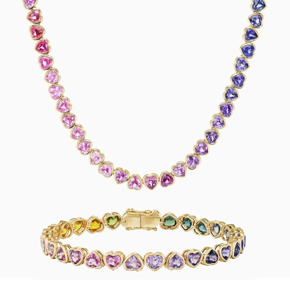 2026 New Gold Color Bezel Heart Shaped CZ Tennis Chain Bracelet Necklace Ring Gradual Rainbow Colorful Jewelry Set for Women