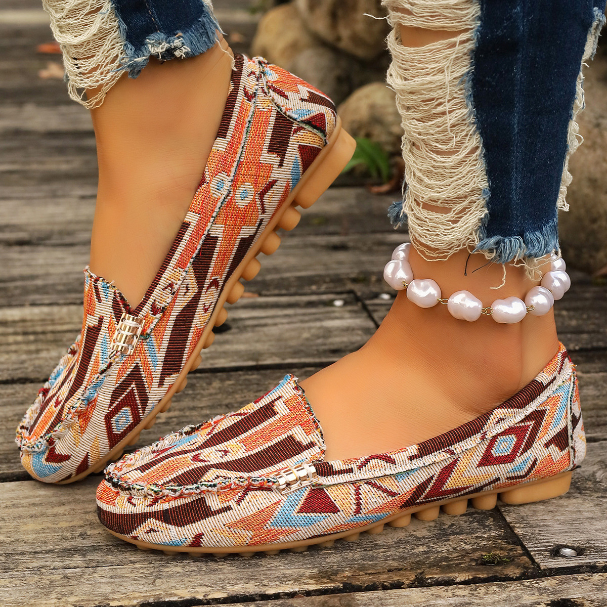 Women Vintage Monogram Print Loafers, Comfort Flat Slip-on Casual Driving Moccasin Shoes