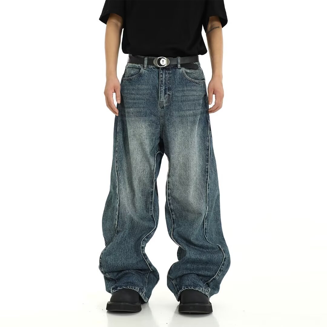 2026 Trending Men's Washed Blue Wide-Leg Loose Jeans, Niche Curved Design & Paneled, Streetwear Brand, Cross-Border Hot Pick