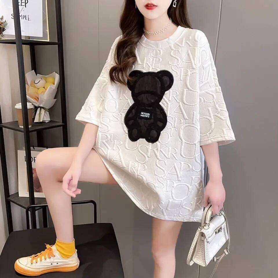 Luxury Letter Jacquard Bear White Tees, Harajuku O Neck Short Sleeve Tops, Plus Size Loose Summer Casual Shirts for Women MAKOUFEI