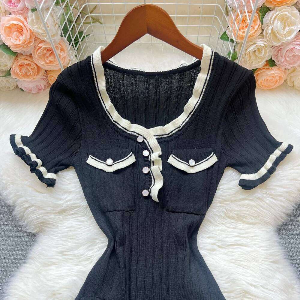 Luxury Black Ruffled Knitted Dress, Sexy Hip Wrapped Mini Dress, Elegant Summer New, Chic Streetwear Bodycon Party Dress for WomenV MAKOUFEI