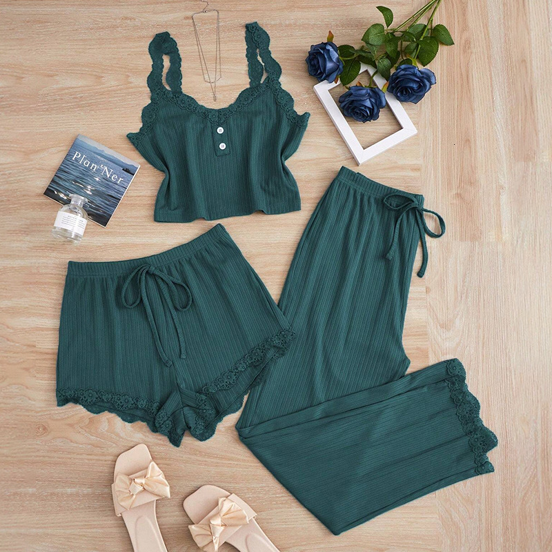 Luxury Brand Designer Womens Lace Trim Ribbed 3-Piece Pajama Set Cami Top Shorts Pants Casual Loungewear Daily Wear Chic Stylish Modern Trendy Fashion