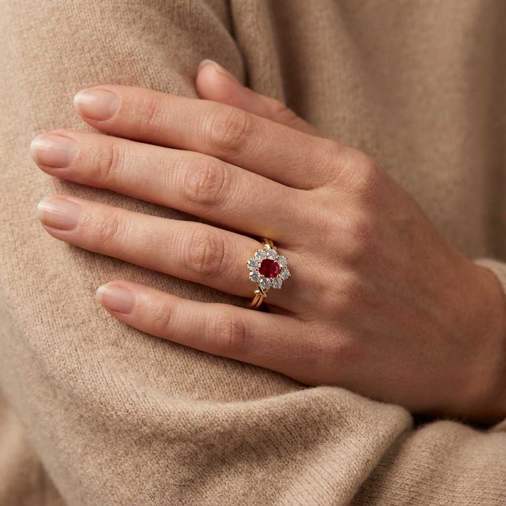 Choucong 14K Gold Fill Ruby Open Ring Vintage Floral Halo Oval Red Gemstone Ring with CZ Wedding Promise Jewelry for Women Daily Wear Adjustable Size