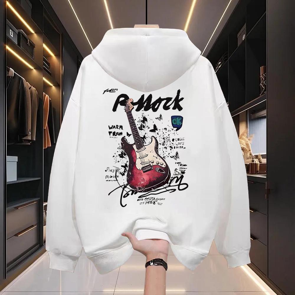 Men's American Streetwear Heavyweight Cotton Hoodie, Autumn Winter Printed Design, Fleece Lined, Thickened, Loose Fit, Casual Trendy Hooded Outer