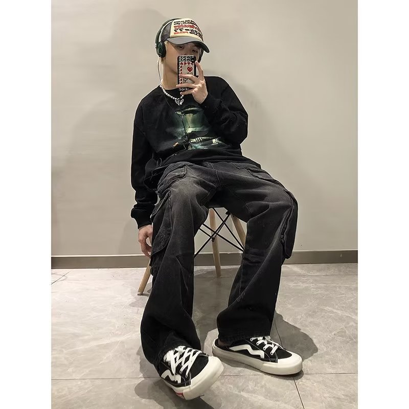 Men's Multi-Pocket Cargo Jeans, Spring & Fall Style, Straight-Leg Loose Fit, Trendy Design Wide-Leg Streetwear Casual Pants
