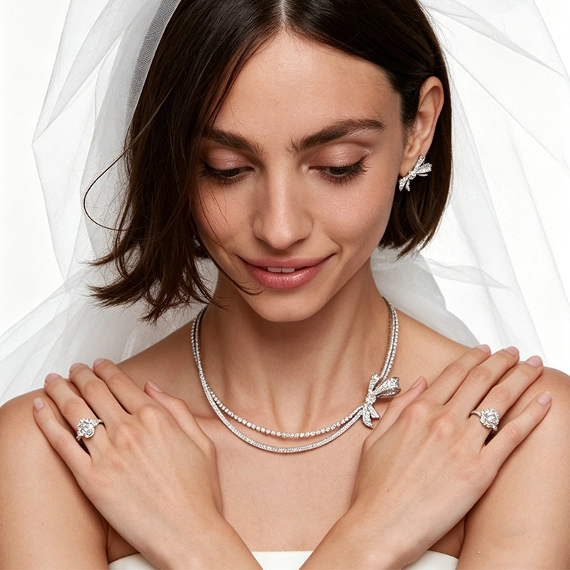 Bride's diamond-encrusted bow necklace and earrings set, ultra-shiny rhinestone two-piece dress accessory jewelry set - view 5
