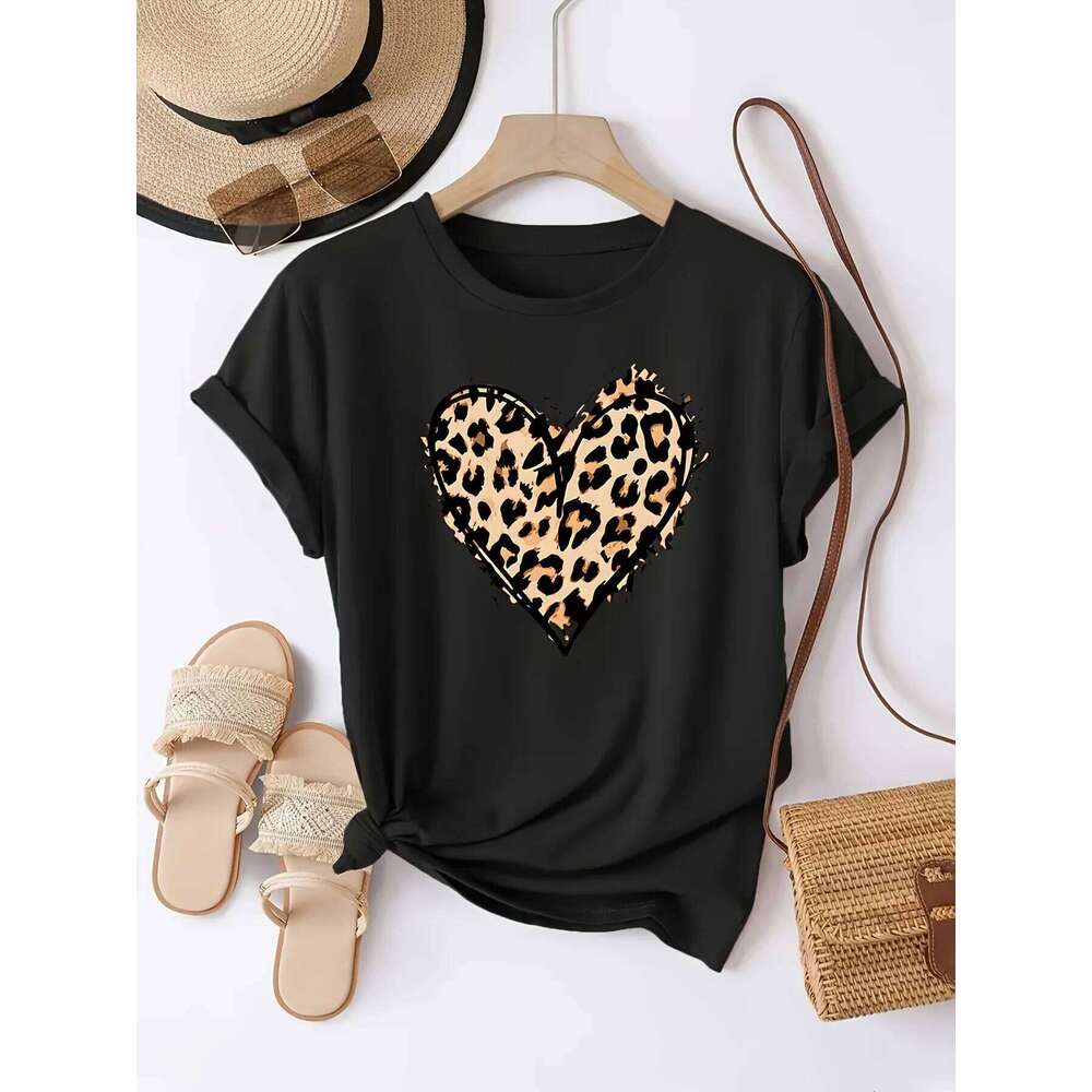 Luxury Leopard Print Heart T Shirt, Women Casual Crew Neck Short Sleeve Top, All Season Fashion Soft Daily Streetwear Blouse MAKOUFEI
