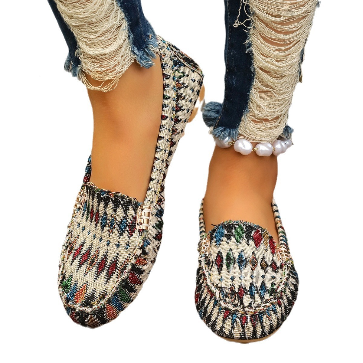 Women Vintage Monogram Print Loafers, Comfort Flat Slip-on Casual Driving Moccasin Shoes