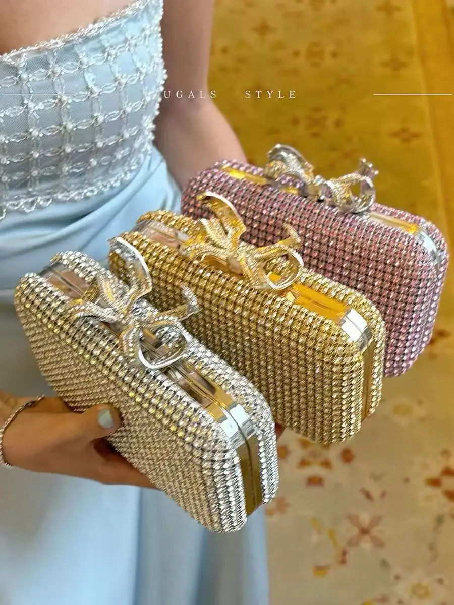 Glitter Metallic Bow Knot Evening Bag Wedding Party Exquisite Clutch Purse Women Handbag Crystal Rhinestones Diamond Banquet Bag 260424