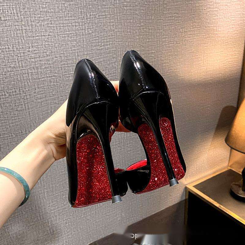 Nude Rhinestone Red Sole Side Hollow Full Wrap Stiletto Heels For Women Pointed Toe Shallow Mouth Sexy Elegant Versatile High-End Comfortable