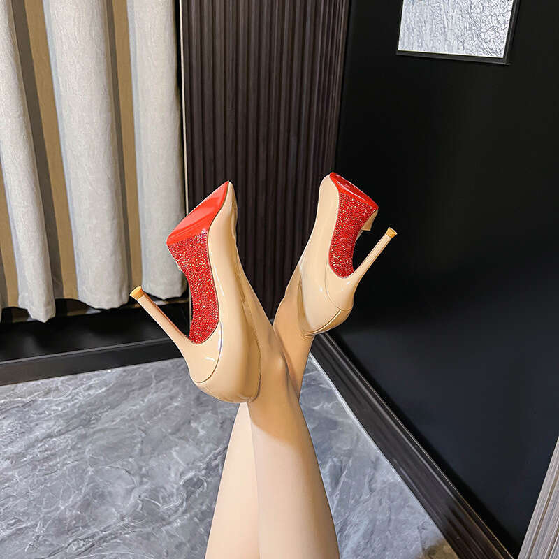 Nude Rhinestone Red Sole Side Hollow Full Wrap Stiletto Heels For Women Pointed Toe Shallow Mouth Sexy Elegant Versatile High-End Comfortable