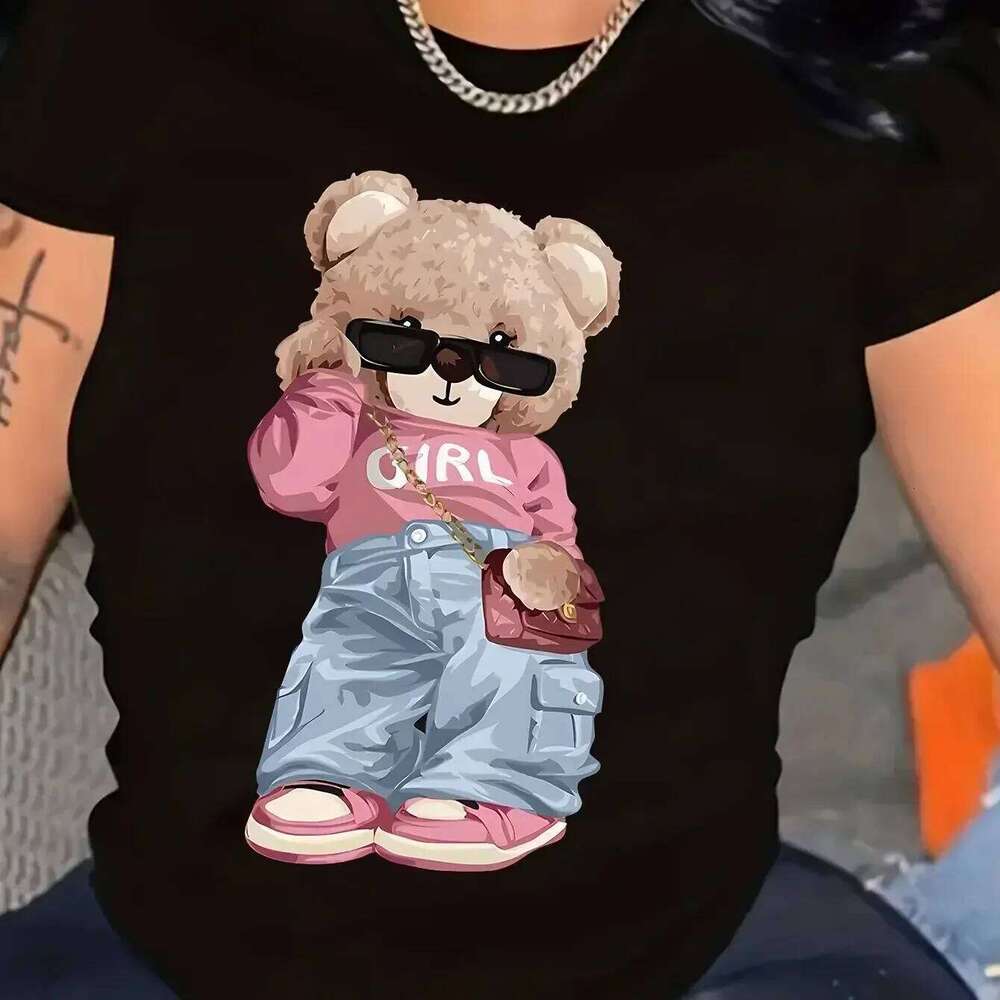 Luxury Y2K Bear Print T Shirt, Cute Graphic Camisetas, Casual Short Sleeve Women Tees, Fashion Streetwear Daily All-match Tops MAKOUFEI