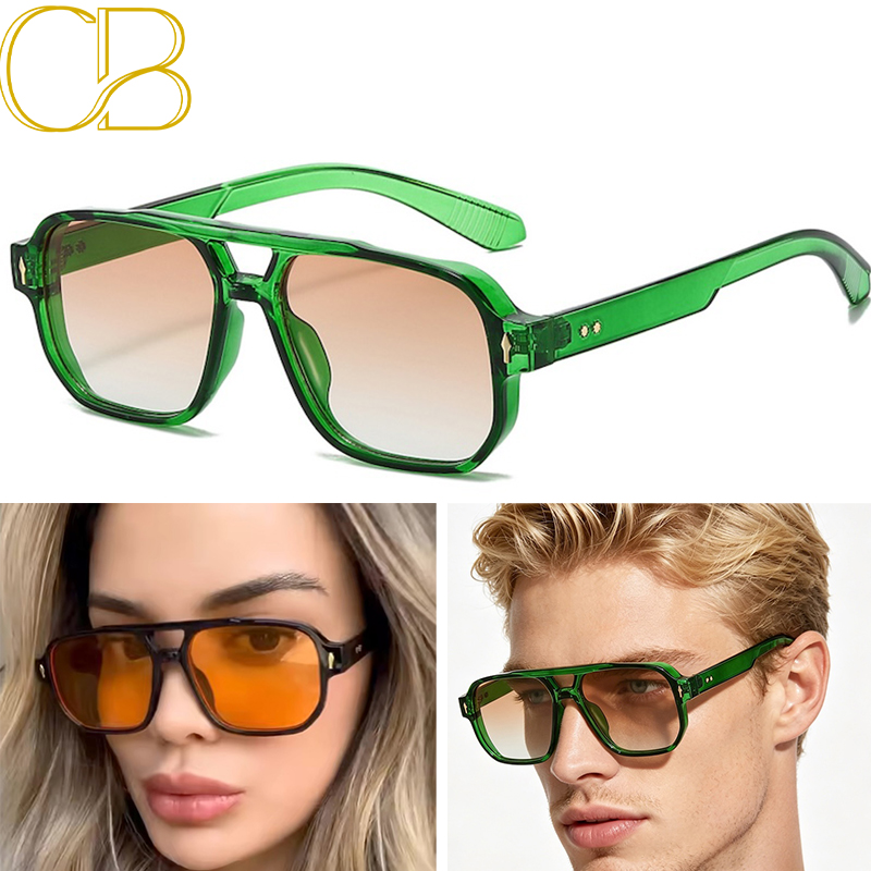 Pilot Sunglasses Men Vintage Double Bridges Square Green Ocean Lens Clear UV400 Eyewear Women Trending Rivets Sun Glasses Candy Color Beach CB Fashion