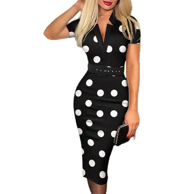 Luxury Print V Neck Dress, Elegant Short Sleeve Belted Midi Dress, Spring Summer Casual Party Dresses, Fashion Women Clothing MAKOUFEI