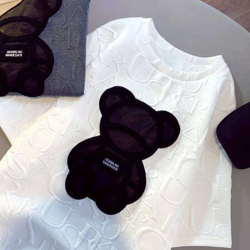 Luxury Letter Jacquard Bear White Tees, Harajuku O Neck Short Sleeve Tops, Plus Size Loose Summer Casual Shirts for Women MAKOUFEI