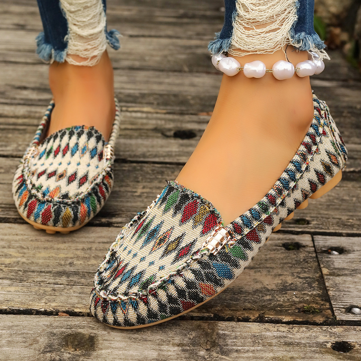 Women Vintage Monogram Print Loafers, Comfort Flat Slip-on Casual Driving Moccasin Shoes