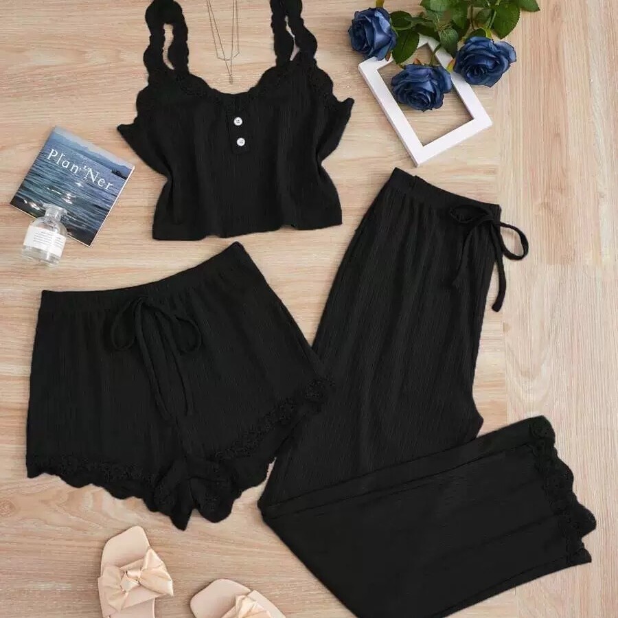 Luxury Brand Designer Womens Lace Trim Ribbed 3-Piece Pajama Set Cami Top Shorts Pants Casual Loungewear Daily Wear Chic Stylish Modern Trendy Fashion