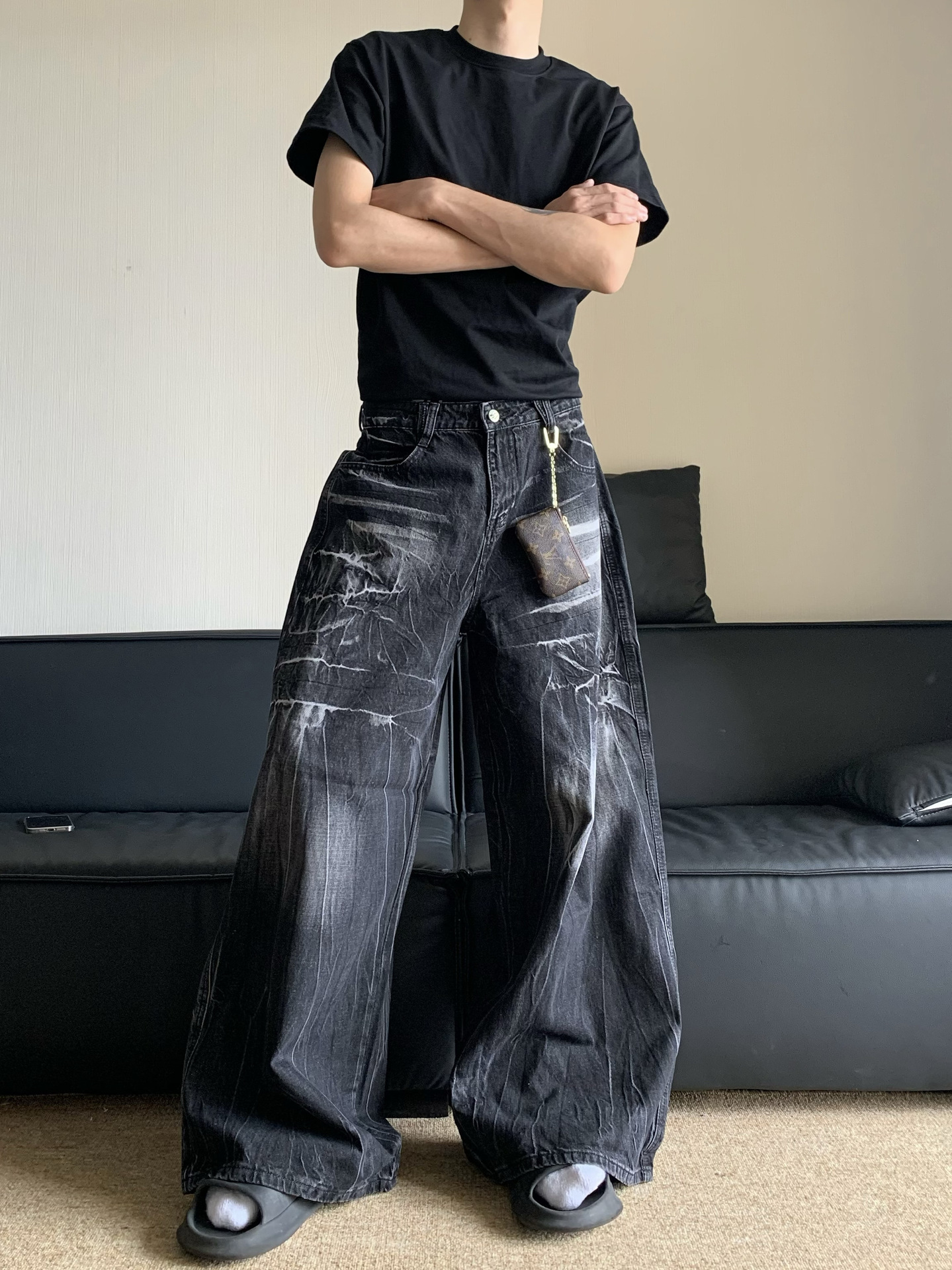 Men's American Vintage Cleanfit Washed Distressed Jeans, Niche Lightning Pattern Vibe, Loose Wide-Leg Casual Pants