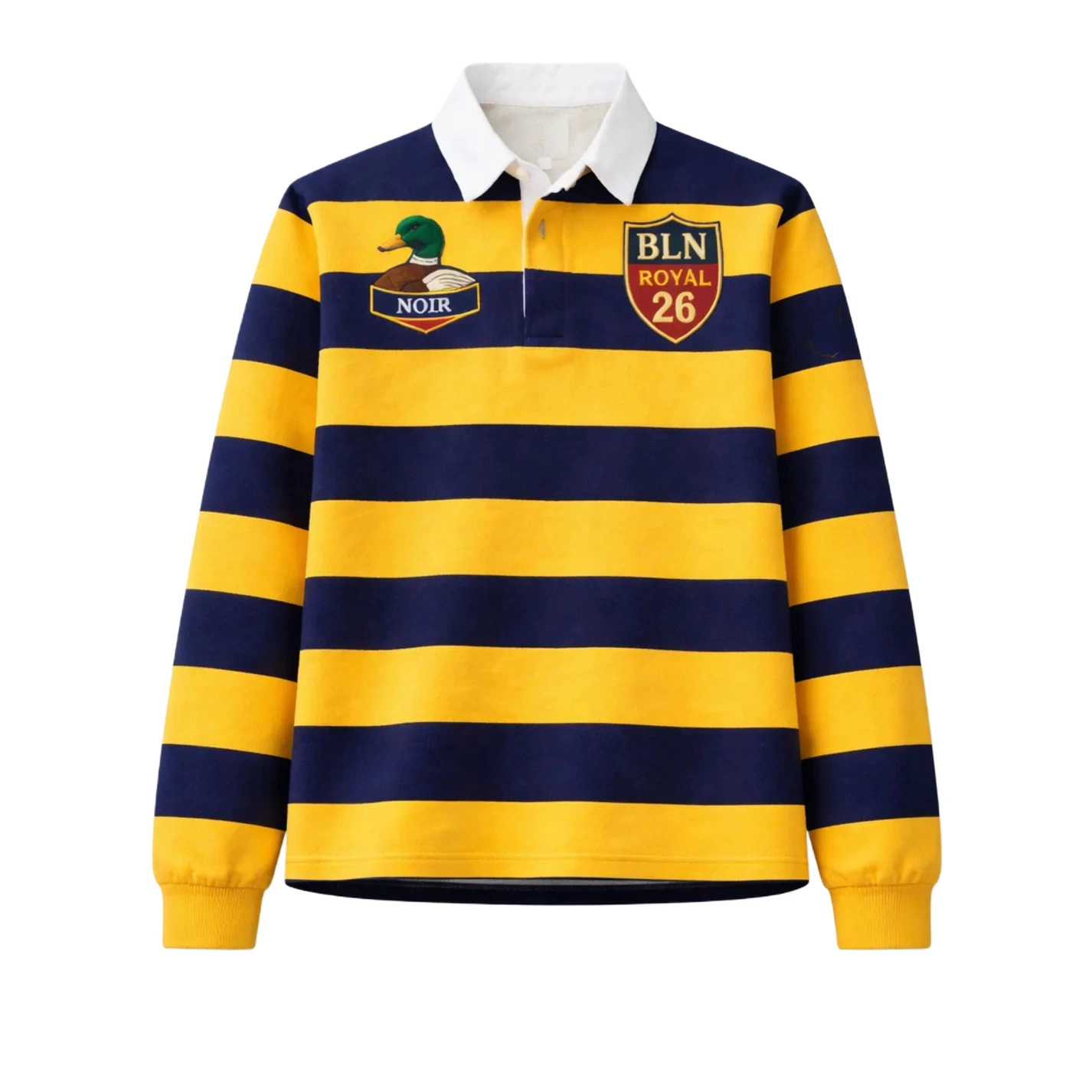Y2K Golden League Rugby Polo Shirt Retro Duck Embroidery Yellow Blue Striped Long Sleeved Shirt Oversized Unisex Streetwear Tops 260423