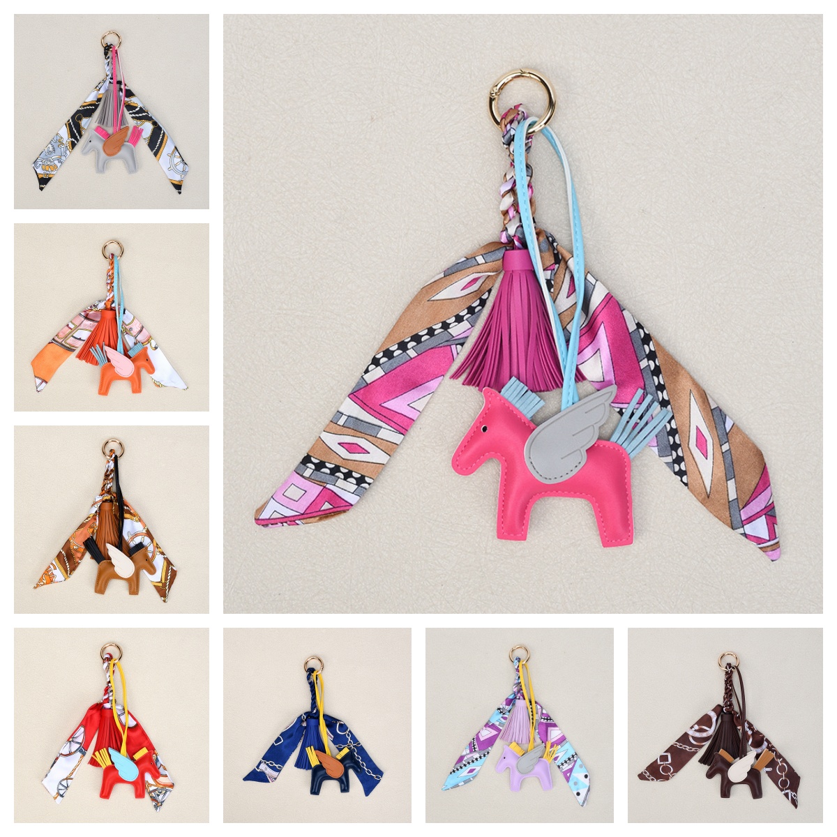 Women's Bag Charm Luxury Designer Style Pegasus Pendant PU Leather Silk Scarf Tassel Keychain High End Car Decoration Horse Bag Hanging Ornament