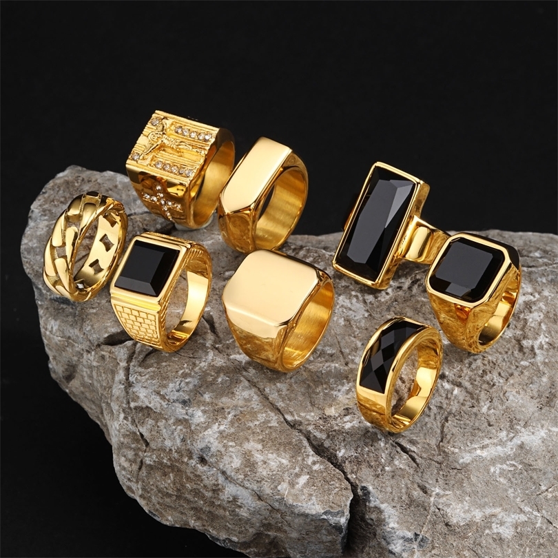 Punk Gold Plated Rings for MenBlack Geometric Square Stone Signet RingMale Chunky Thumb Ring 260423