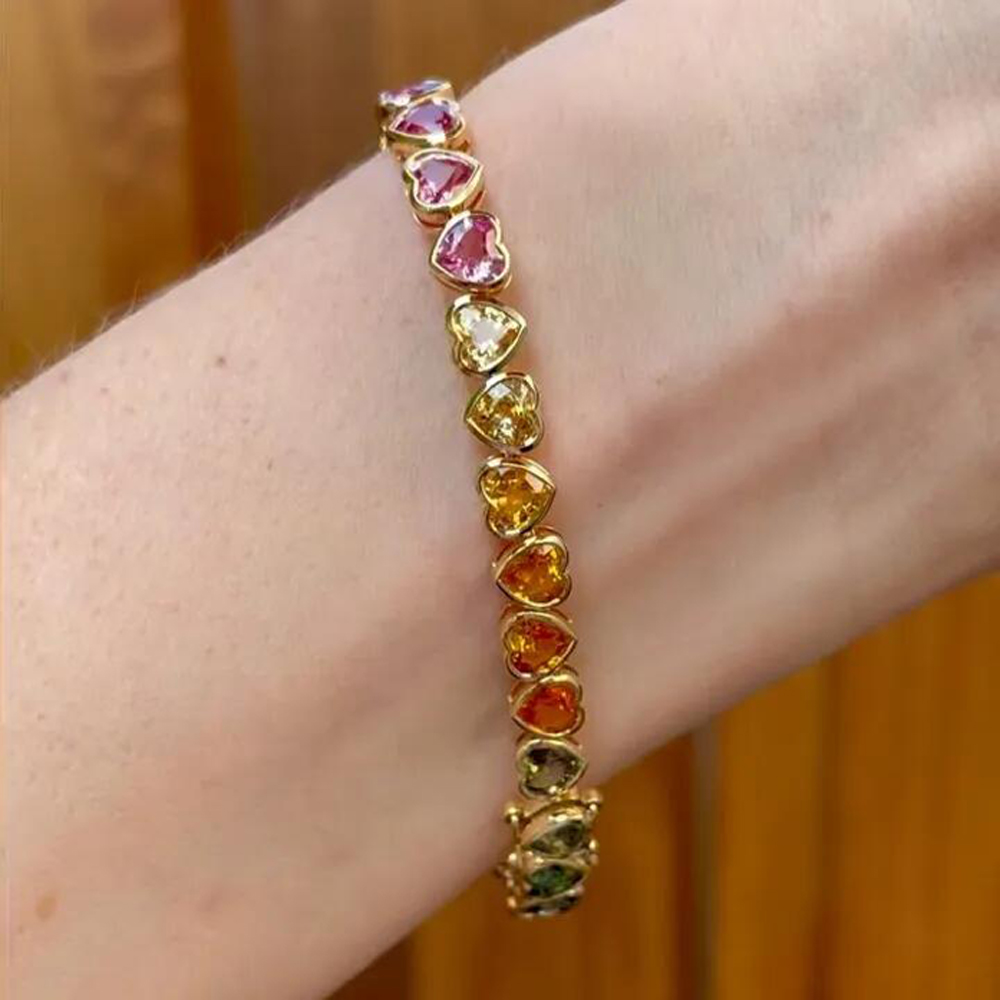 2026 New Gold Color Bezel Heart Shaped CZ Tennis Chain Bracelet Necklace Ring Gradual Rainbow Colorful Jewelry Set for Women - view 4