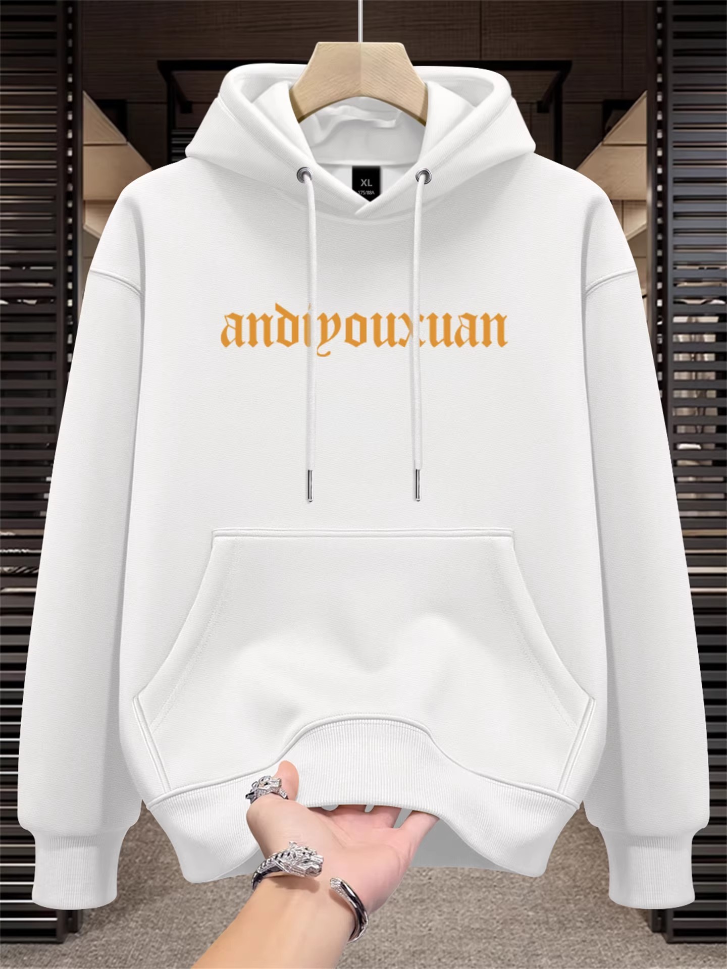 Men's American Vintage Streetwear Hoodie, Letter Printed, Heavyweight Loose Fit, Ruggy Stylish, Fleece Lined, Casual Warm Hooded Jacket for Autum