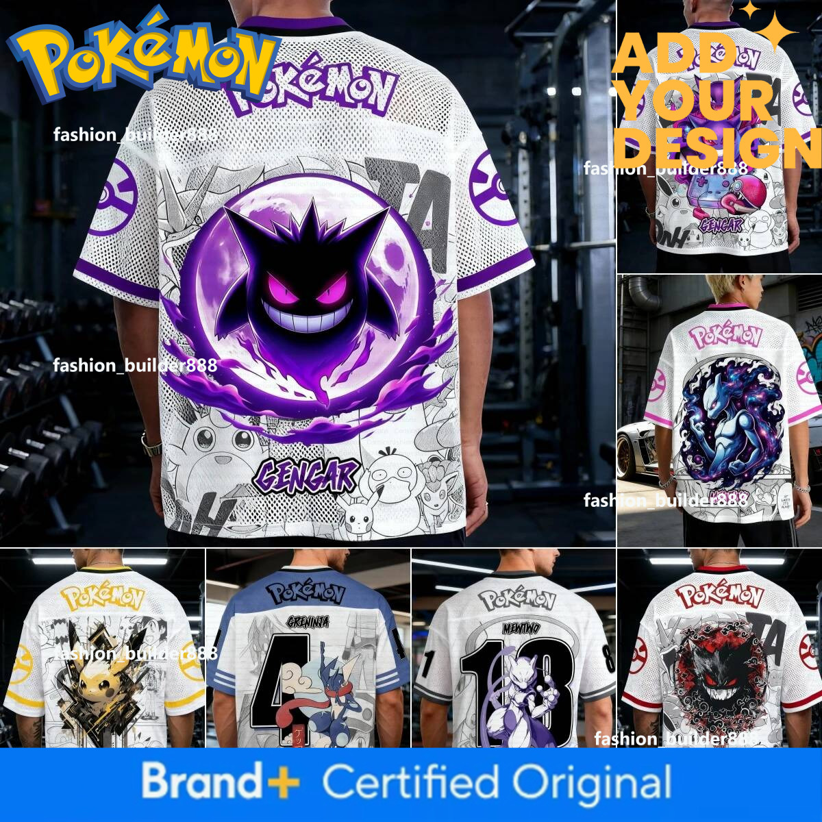 Soccer Jerseys (Unisex) New Pokemon Anime Gengar Oversize Mesh Jersey Unisex Streetwear Purple Flame Graphic Daily Casual Outfit T-Shirt For Anime Fan