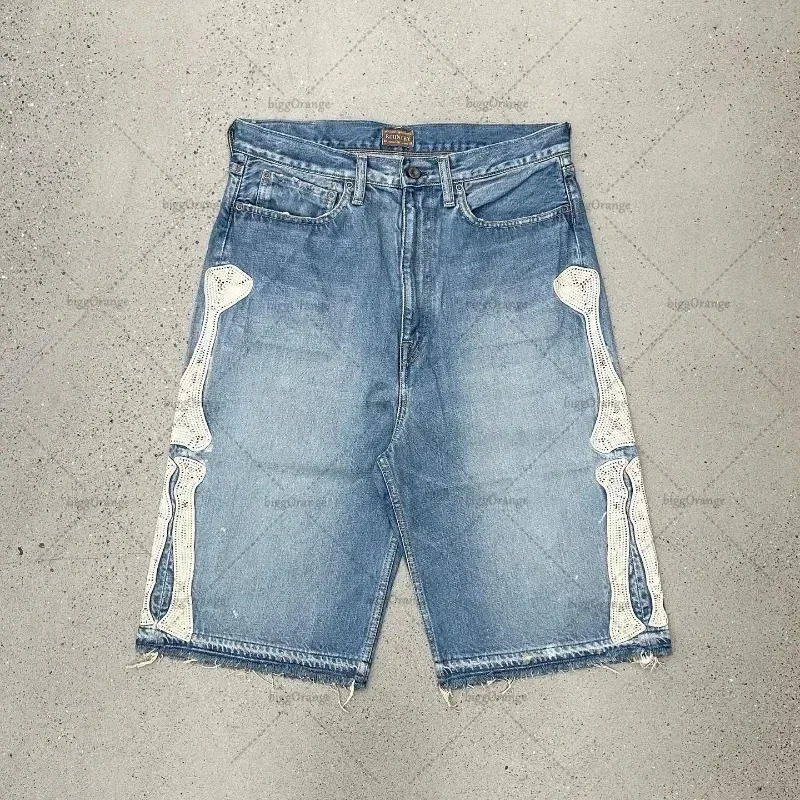 Summer retro skeleton denim shorts sports casual shorts couple wearing street 55 pants 2025 Europe and America 260421