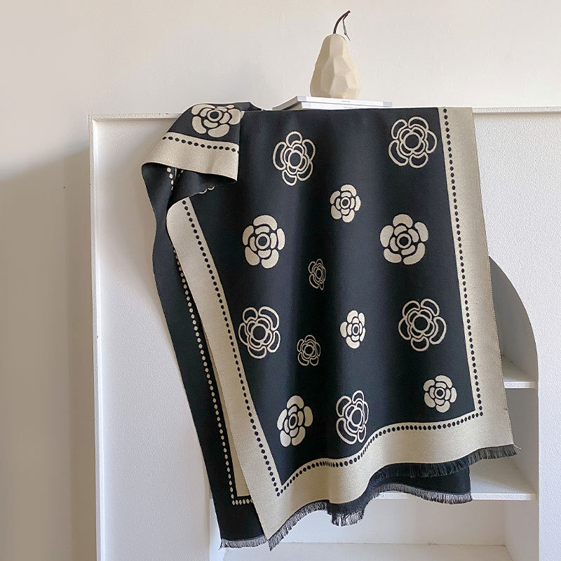 Designer Scarf - Peony Pattern Cashmere Scarf - Decorative Double-sided Shawl - Long Striped Multi-functional Warmth-keeping Scarf - Ladies' Luxu