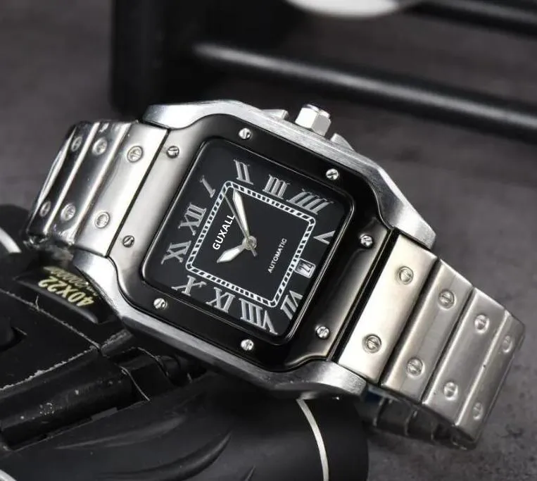 new Square Roman Tank Dial Face Automatic Date Men Watches Luxury Fashion Mens Full Steel Band Quartz Movement Clock High Quality ICE Out Hip Hop Wristwatch Gifts