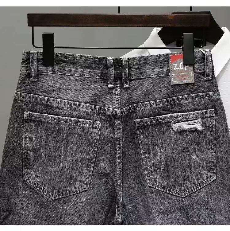 2026 Trending Men's Ash Gray Denim Shorts, Trendy Brand Embroidered Viral Style, Summer Korean-Inspired Knee-Length Shorts for Young Adults