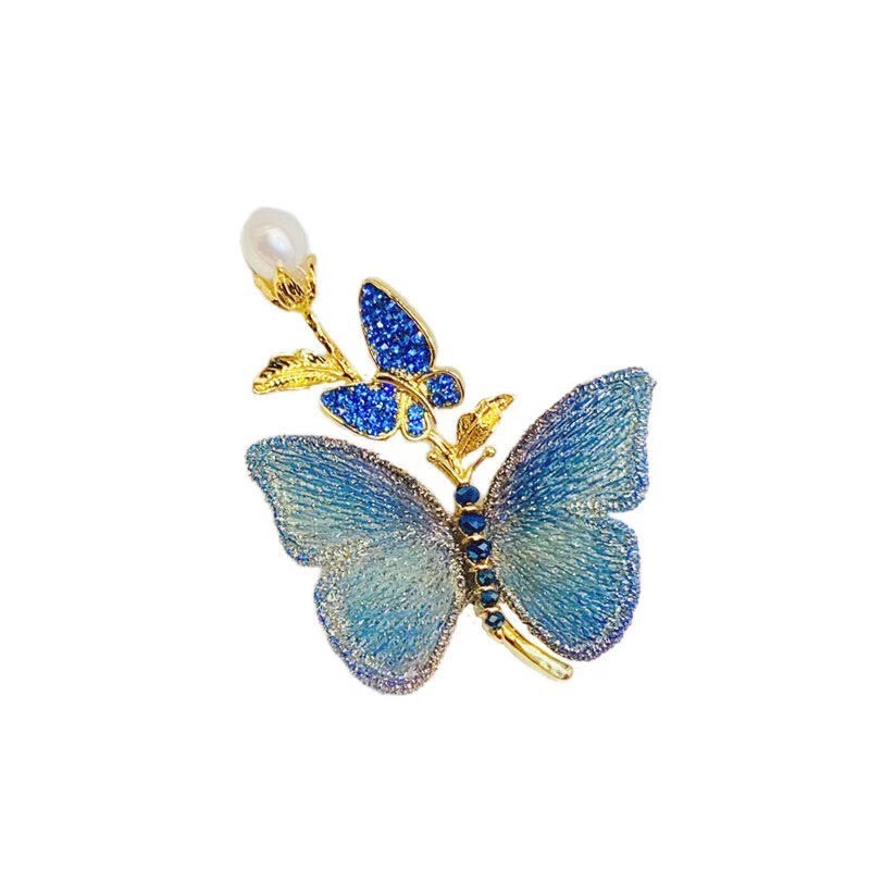 Women Jewerlry Designer New Chinese Retro Blue Butterfly Brooch with Faux Pearl Pin for Women High-end Elegant Fashion Brooch for Suit Wedding Party A