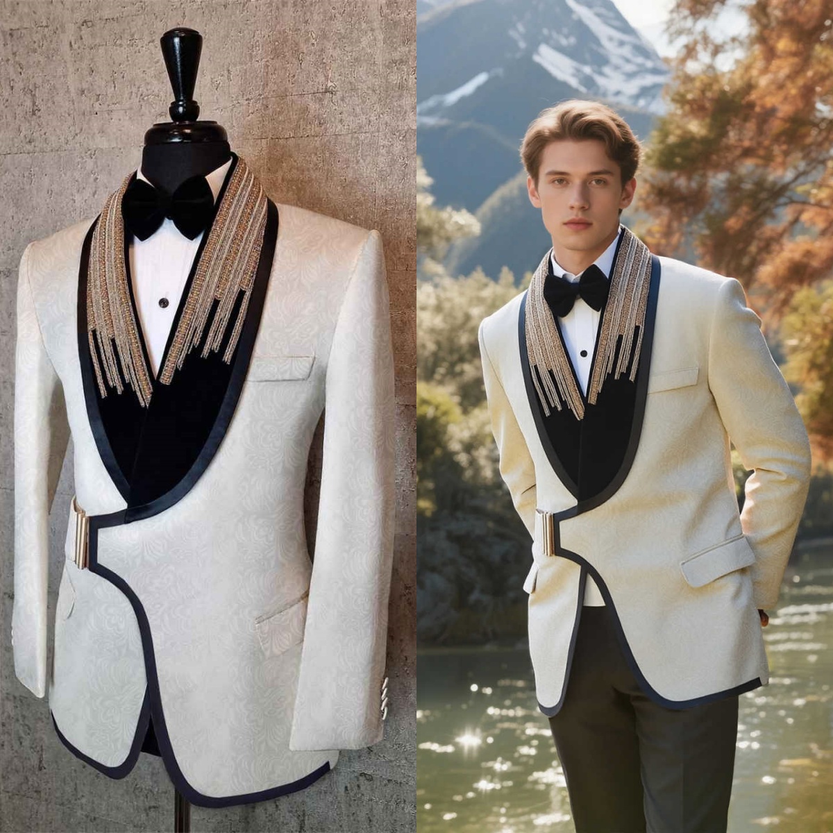 Fashion Wedding Tuxedos With Buckle Beaded Jacquard Men Suits Shawl Lapel 1 Piece Set Jacket Handsome Groom Blazers Customized