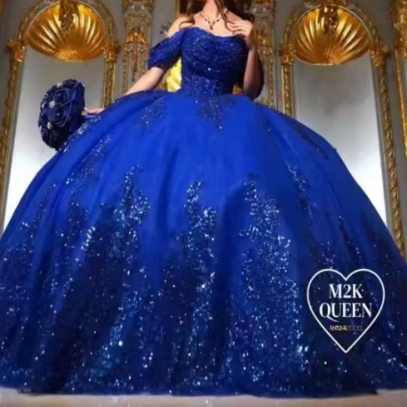 Royal Blue Shiny Quinceanera Dresses Off The Shoulder Sequin Applique Lace Beads Bow Tull Party Birthday Sweet 16 Dress Vestidos 15 Anos