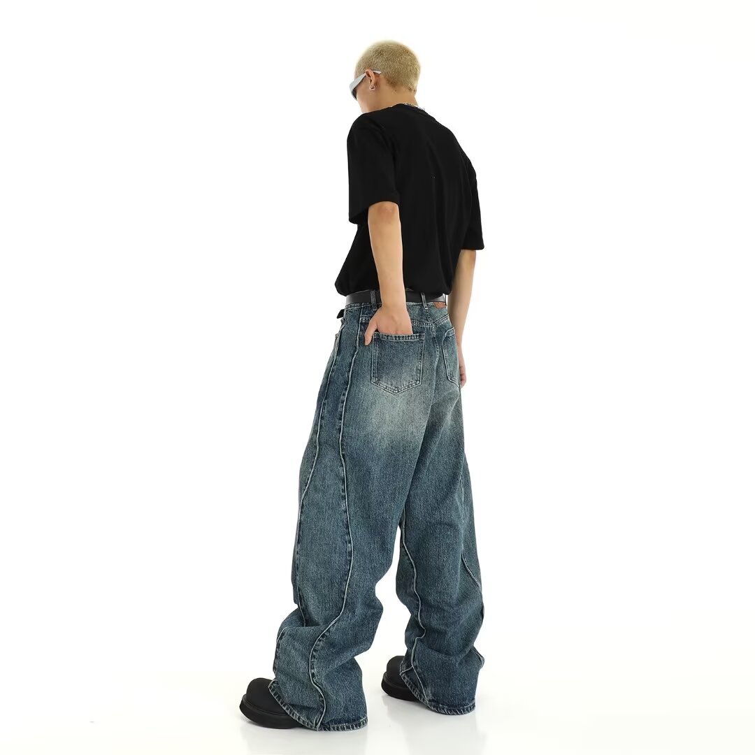 2026 Trending Men's Washed Blue Wide-Leg Loose Jeans, Niche Curved Design & Paneled, Streetwear Brand, Cross-Border Hot Pick
