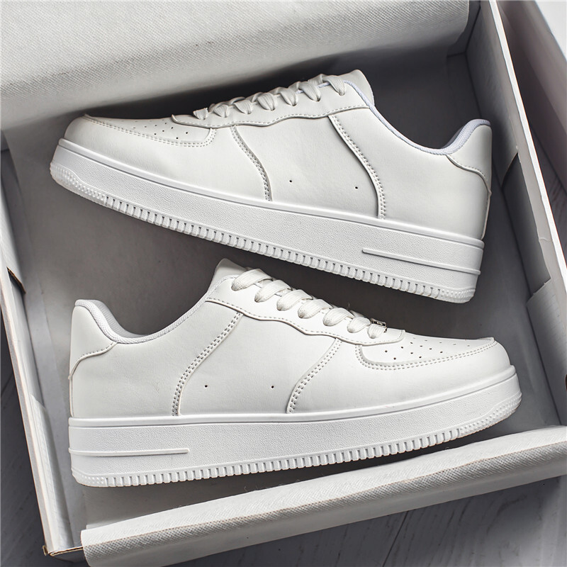 Men Classic All White Platform Sneakers, Lace-up Thick Sole Casual Leather Skate Shoes