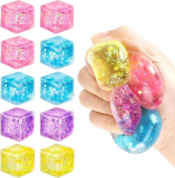 Maltose Glitter Cube Squeeze Squishy Toy, 5cm Slow Rise Stretchy Gel Stress Relief Fidget Toy with gift box for Stress Relief Party Favors