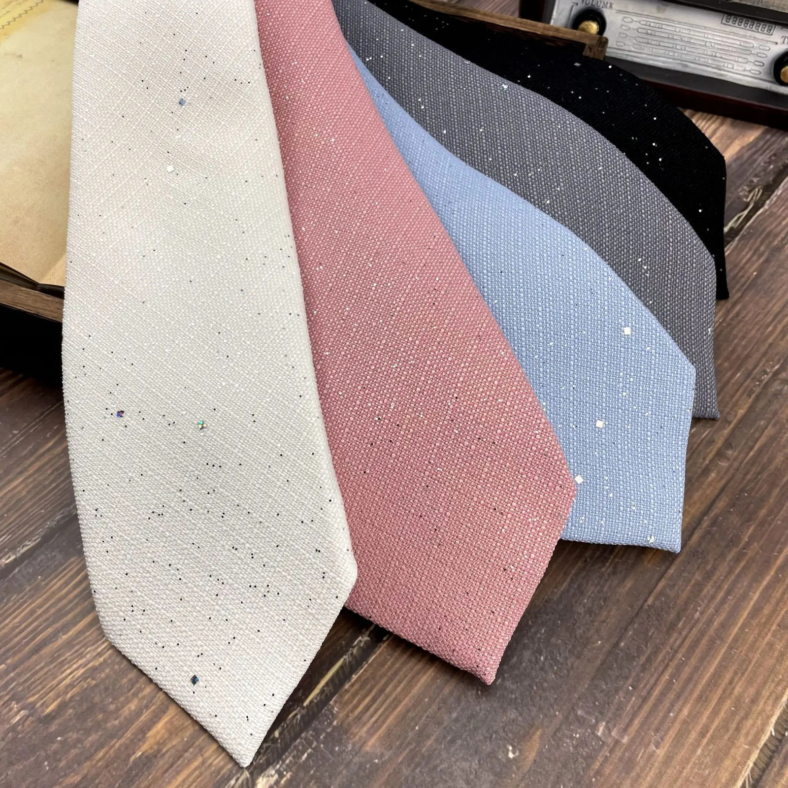 8CM Brown Neckties For Men Cotton Linen Shiny Sequin White Neck Tie Solid Color Soft Cravat Wedding Party Formal Stage Neckwear 260423