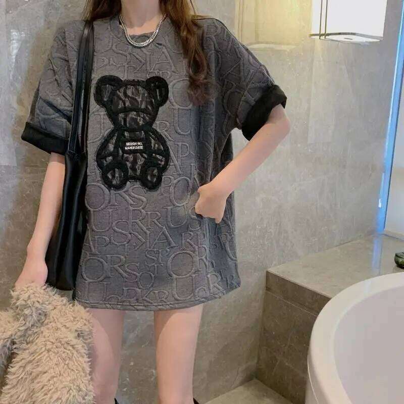 Luxury Letter Jacquard Bear White Tees, Harajuku O Neck Short Sleeve Tops, Plus Size Loose Summer Casual Shirts for Women MAKOUFEI
