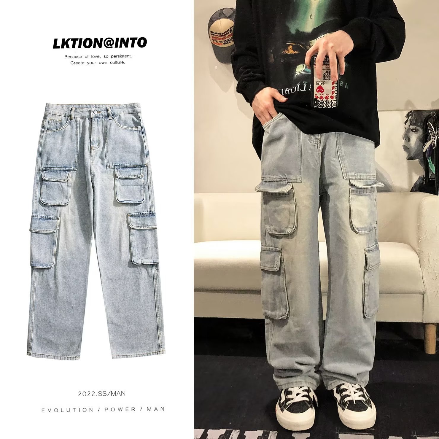Men's Multi-Pocket Cargo Jeans, Spring & Fall Style, Straight-Leg Loose Fit, Trendy Design Wide-Leg Streetwear Casual Pants